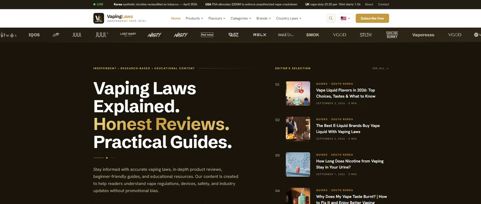 VapingLaws — Bilingual (EN/KO) vape reviews, law guides & shop homepage screenshot